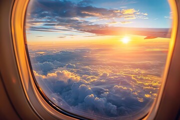 Airplane window seat view of sunset horizon and clouds, air travel and wanderlust concept