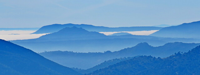 blue mountains views sierra madrid guadarrama port navacerrada fog gray distance - obrazy, fototapety, plakaty
