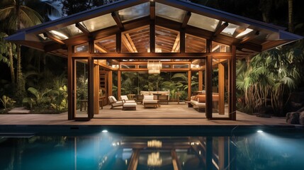 Glass-enclosed cocktail pool pavilion with soaring ceiling retractable walls and architectural wood posts framing tropical courtyard views and access. - obrazy, fototapety, plakaty