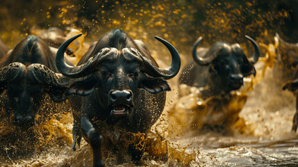 Close up image of a group of African buffalos running through the water in the savanna
