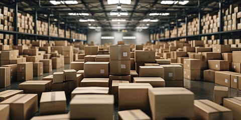 Warehouse with stacks of boxes on wooden pallets Wholesaling
