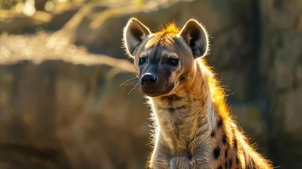 Schilderijen op glas Close up portrait of a standing hyena in the African savanna © standret