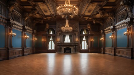 Grand ballroom in Renaissance Revival-style home with frescoed coved ceilings intricately carved millwork parquet floors and historic chandeliers.