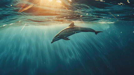 Closeup of a dolphin swimming underwater, sun is shining through the surface