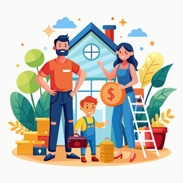 Illustrate a family happily renovating their home with funds from a personal loan.