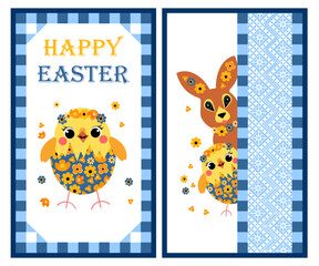 Postcards for Easter Day. Cute chicken. Easter bunny and chick peeking out