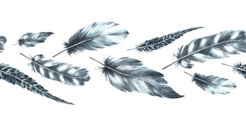 Watercolor seamless border, pattern with monochrome bird feathers grey black color with granulation of shades, ornaments. Quills wings drawing illustration. Wrapping, fabric Isolated white background