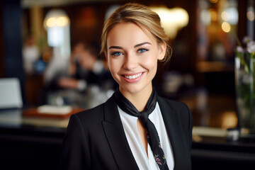 Fototapeta premium Smiling hotel receptionist at the front desk, ensuring guest satisfaction with professional service and welcoming demeanor.