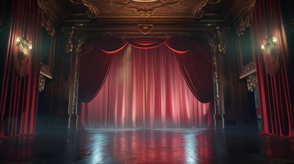 Empty theater stage with red curtains beautifully illuminated with copyspace