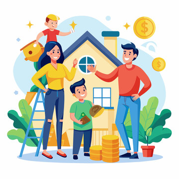 Illustrate a family happily renovating their home with funds from a personal loan.