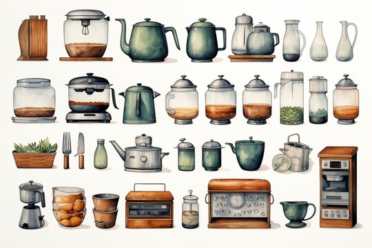 Kitchen appliance icon set water color painting on white background