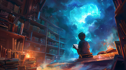 A boy is sitting on the floor in a room full of books. He is reading a book and looking up at the sky. The room is filled with bookshelves and the sky is filled with stars. - obrazy, fototapety, plakaty