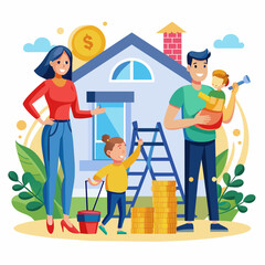 Illustrate a family happily renovating their home with funds from a personal loan.