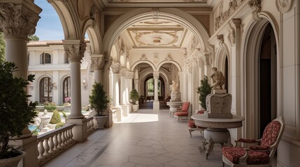 Grand European villa formal loggia with arched openings frescoed arched ceilings Venetian plaster walls and marble fountain.