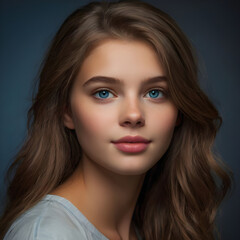 Naklejka premium Portrait of a brunette teenage girl or young woman with blue eyes. 