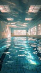Empty indoor swimming pool with soft lighting. Serene, tranquil atmosphere, with stillness of water creating sense of calmness and serenity. Peaceful ambiance space, relaxation and contemplation.