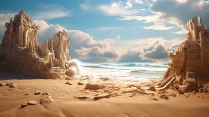 A sand castle on the beach on a bright summer day. The concept of recreation, vacations, tourism.