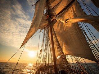 Backlit sails of a traditional tall ship on the atlantic  - obrazy, fototapety, plakaty