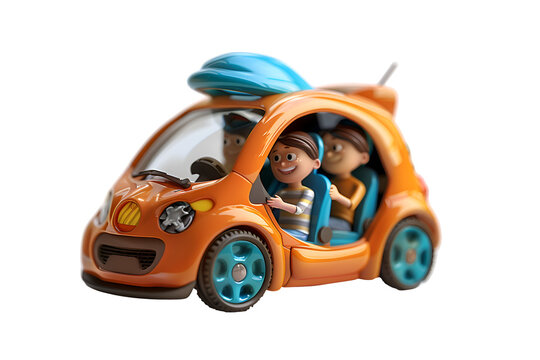 A 3D animated cartoon render of a happy family of cartoon characters riding in a cheerful microcar.