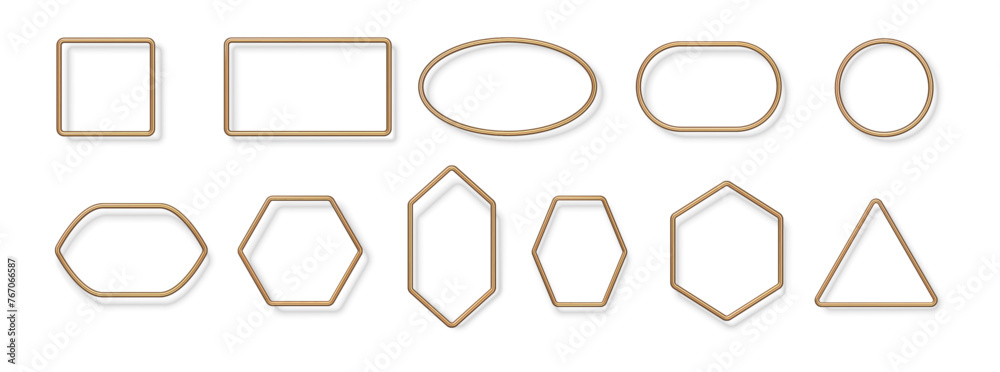 Poster Gold line frames with copy space. Vector isolated minimalist shapes with shade, squares and circles, ovals and triangles. Modern simple geometric figures, blank forms for social media or logo