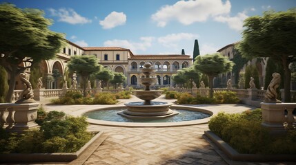 Grand Italian villa courtyard with stone fountains manicured hedges and covered loggias with frescoes. - obrazy, fototapety, plakaty