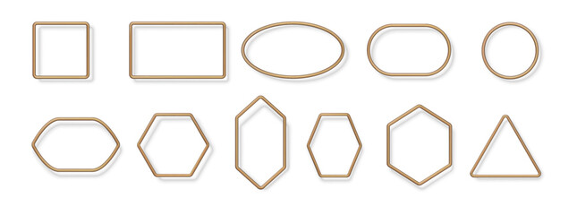Gold line frames with copy space. Vector isolated minimalist shapes with shade, squares and circles, ovals and triangles. Modern simple geometric figures, blank forms for social media or logo
