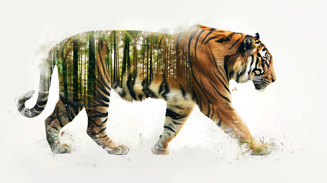 Double exposure effect of a walking Bengal tiger with a bamboo forest isolated on a white background