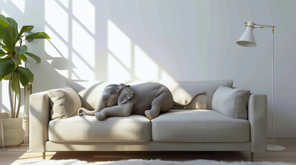 Elephant baby lying on a cozy sofa in a modern living room, natural sunlight