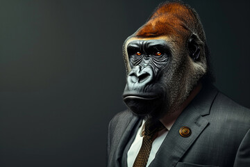 Gorilla dressed in an elegant and modern suit with a nice tie. Fashion portrait of an anthropomorphic animal