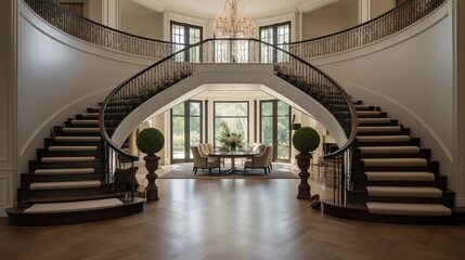 Obraz premium Grand two-story chateau-style foyer with curved staircase detailed iron railings and herringbone floors.
