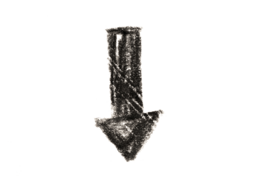 A photo of a black arrow pointing down on a transparent background. A symbol for illustrations, logos and graphics.