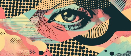 A close-up of a human eye in a 90s collage style halftone. Black spots on a white background. Modern illustration in black and white style. - obrazy, fototapety, plakaty