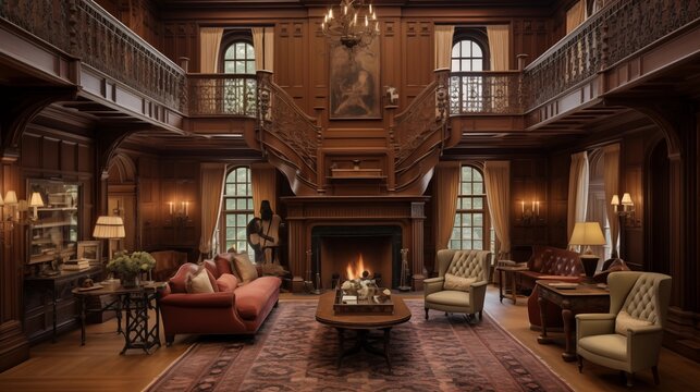 Grand two-story colonial-style wood paneled library with ornate fireplace surround balcony overlook and rolling ladder access.