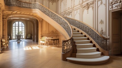 Grand two-story French ch??teau oval stair hall with intricately carved balustrades and herringbone parquet floors.