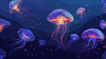 Naklejka premium Group of luminescent glowing jelly fish floating in the deep sea