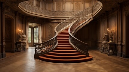 Grand two-story French ch??teau oval stair hall with intricately carved balustrades and herringbone...