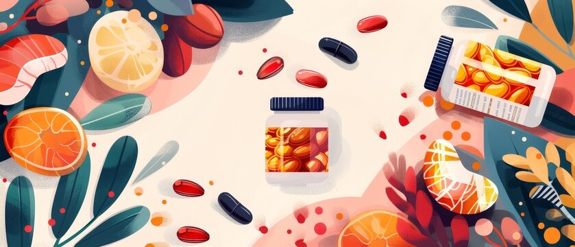 Omega 3 fatty acid salmon fish natural source. Trendy flat design illustration on healthy seafood, fish oil in bottle and soft gel pills.
