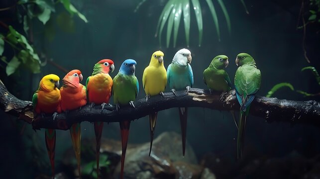 Flight of Colors: A Mesmerizing Symphony of Nature as a Flock of Parrots Swoops and Soars, Their Vivid Plumage Painting the Sky in a Kaleidoscope of Exquisite Beauty and Harmony.