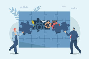 Effective teamwork, Business people working together to complete jigsaw puzzle with unity, Problem solving cooperation, Team building and business concept. Vector design illustration.