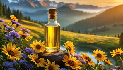 bottle of oil with flowers - obrazy, fototapety, plakaty