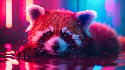 A close up of a red panda laying on a table