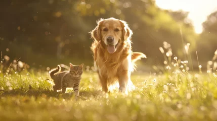 Poster Happy golden retriever dog walking with a cute cat on a green field with natural sunlight © standret