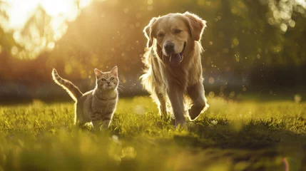 Fotobehang Happy golden retriever dog walking with a cute cat on a green field with natural sunlight © standret