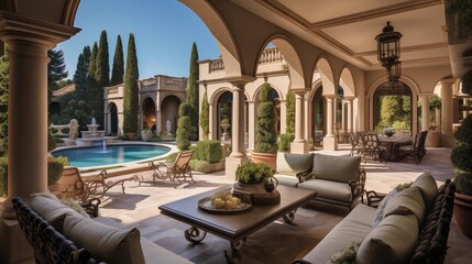 Grand two-story Mediterranean loggia with domed brick ceilings stone columns central fountain and lavish outdoor living rooms. - Powered by Adobe