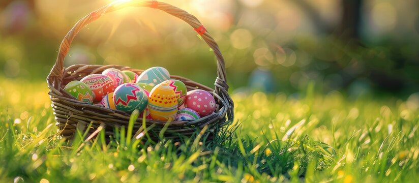 Easter eggs in a basket on a grassy field, a close-up view.