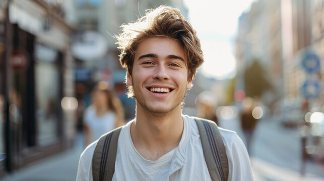 Happy smiling young man with brown hair walking down a street in a city on a beautiful sunny day