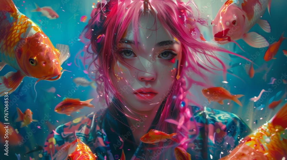 Wall mural A woman with pink hair is surrounded by fish