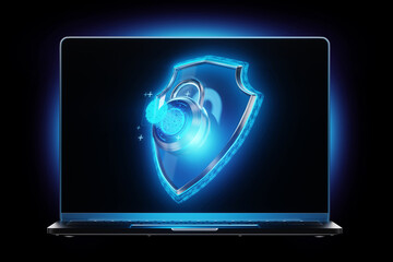 Laptop, shield and lock with fingerprint hologram, fingerprint scanner. Data protection, cyber security, information security, data confidentiality, biometric password. Mixed media.