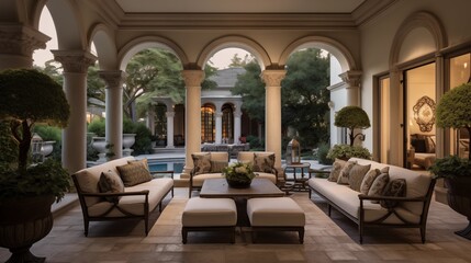 Grand two-story Mediterranean loggia with domed brick ceilings stone columns central fountain and lavish outdoor living rooms. - obrazy, fototapety, plakaty
