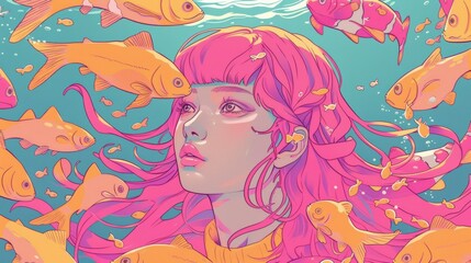 A woman with pink hair surrounded by fish